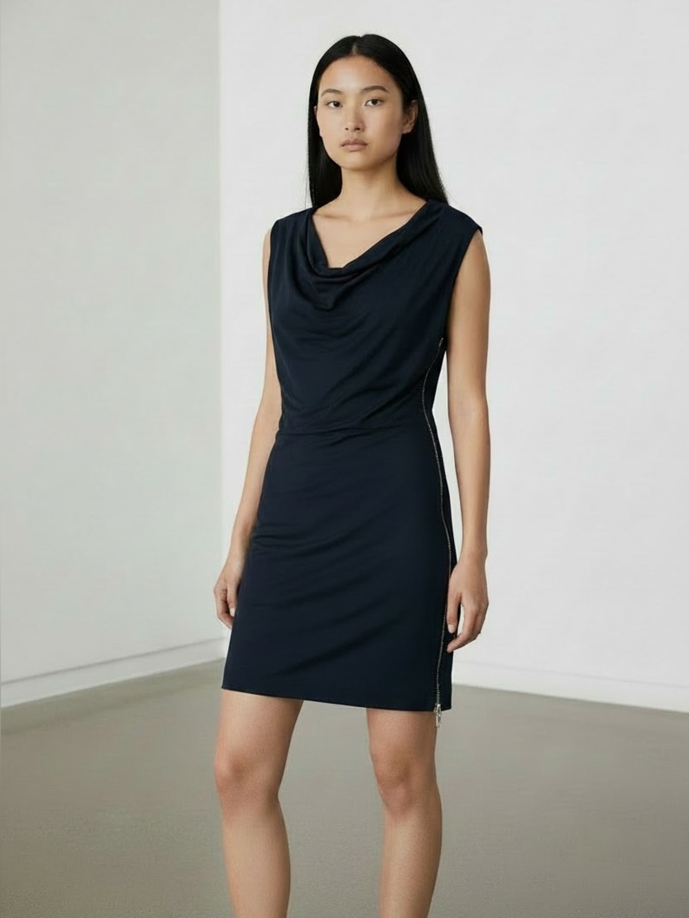 AX Armani Exchange Women’s Sz XS Black Jersey Exposed Zip Draped Dress